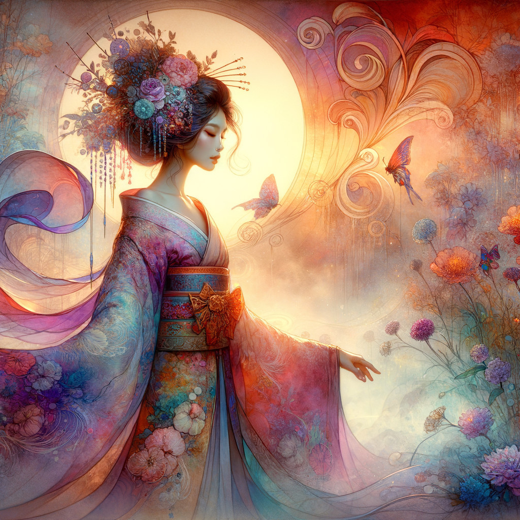 Serene Woman in Vibrant Kimono Against Dreamy Backdrop