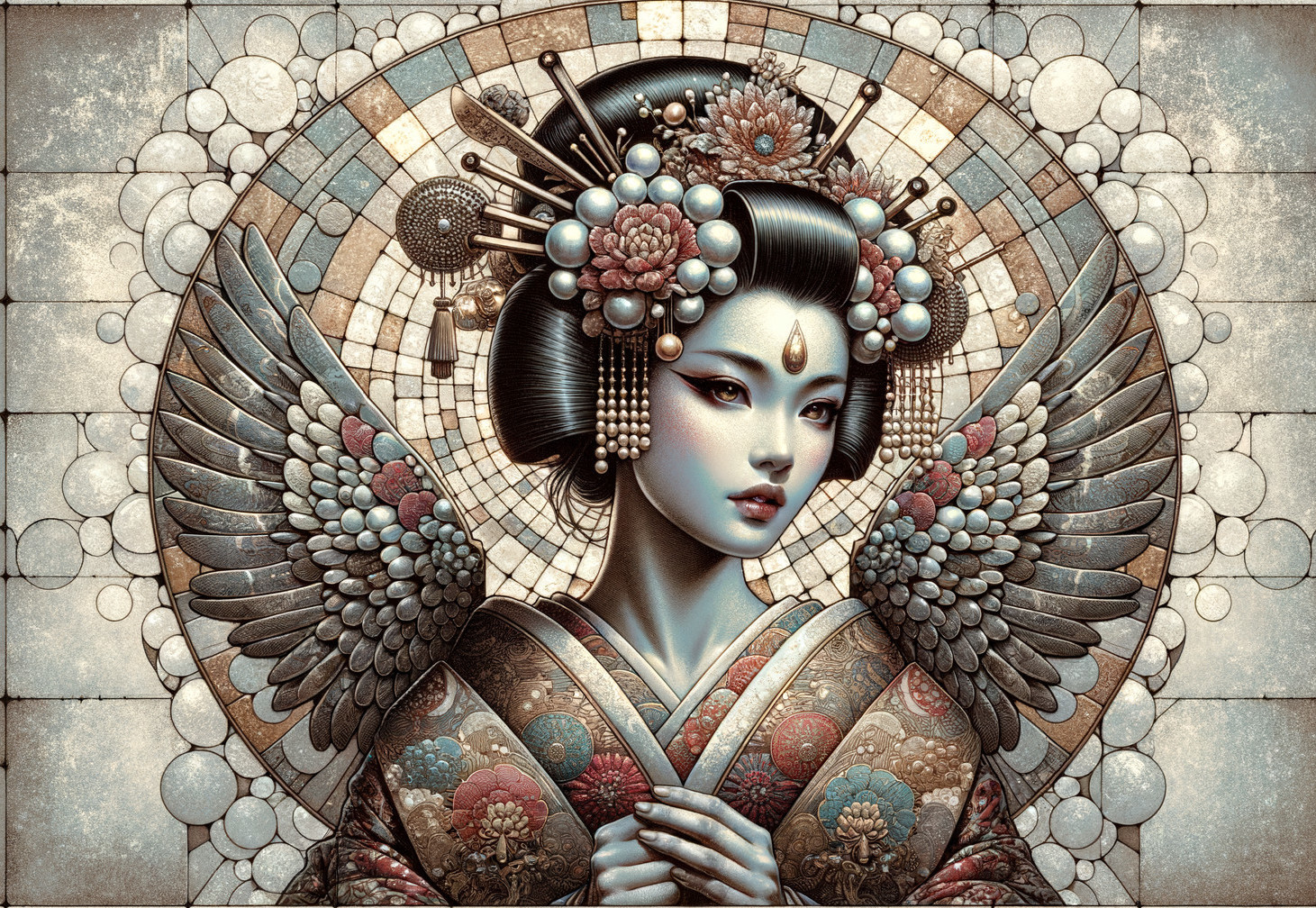 Geisha Portrait with Floral Headdress and Kimono