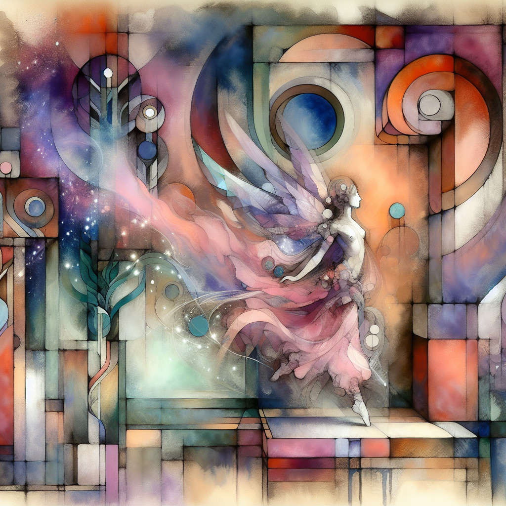 Fairy in Abstract Landscape of Vibrant Geometric Shapes