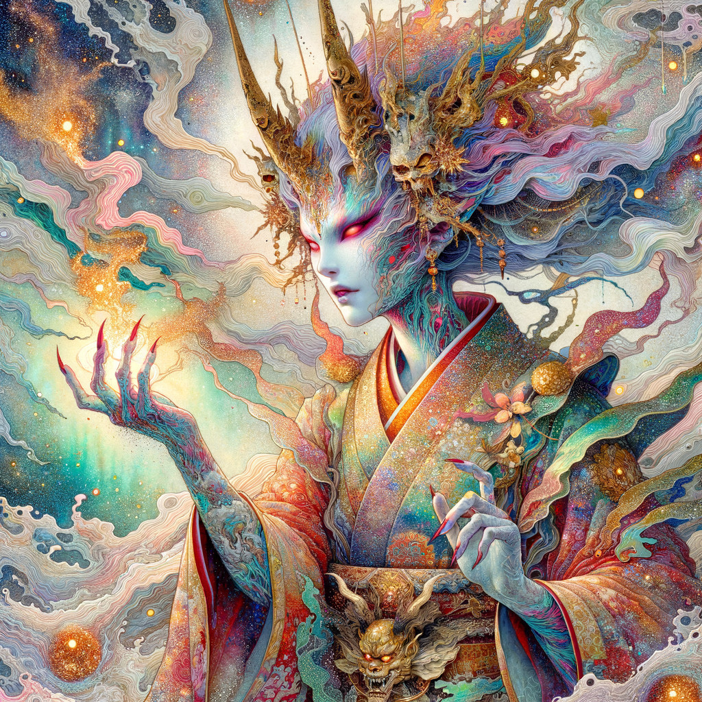 Fantastical figure in ornate kimono with cosmic elements