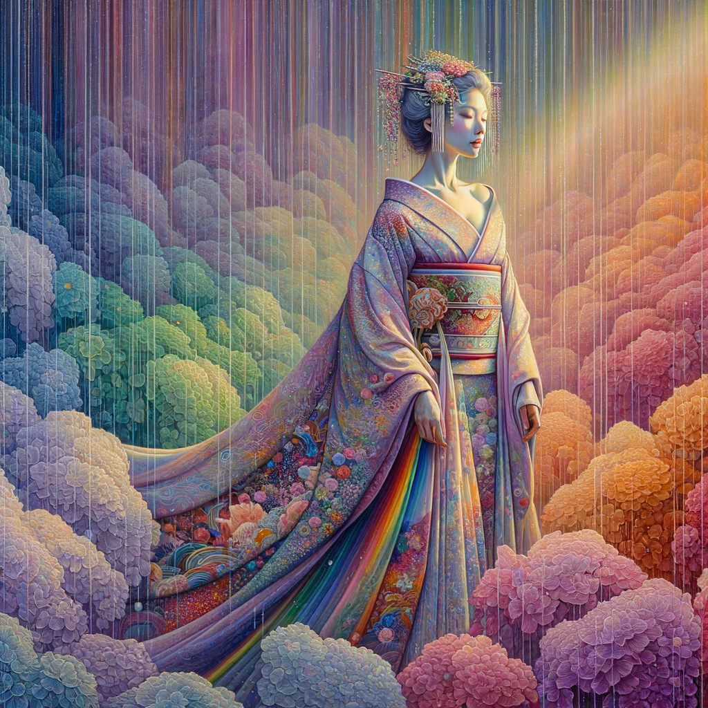 Serene Figure in Vibrant Kimono Surrounded by Flowers