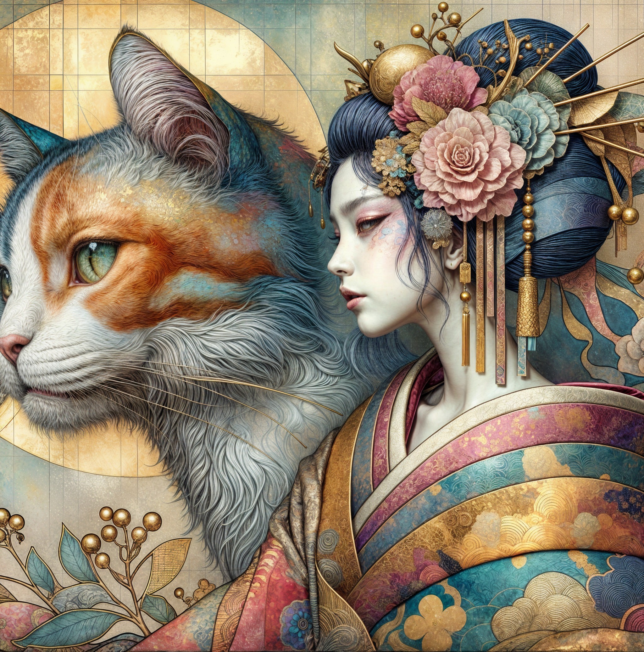 Serene Woman in Floral Kimono with Majestic Cat