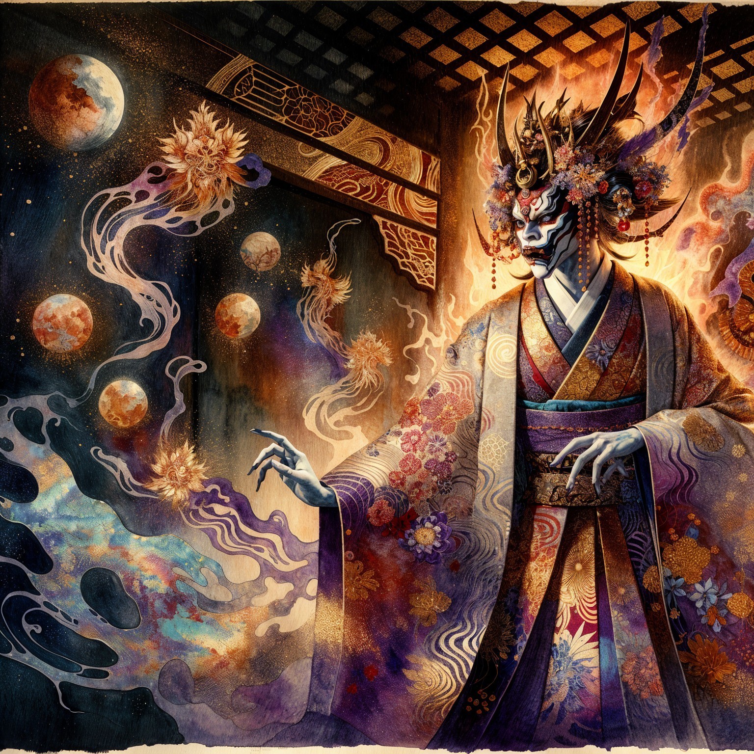 Mythical figure in vibrant attire with cosmic orbs