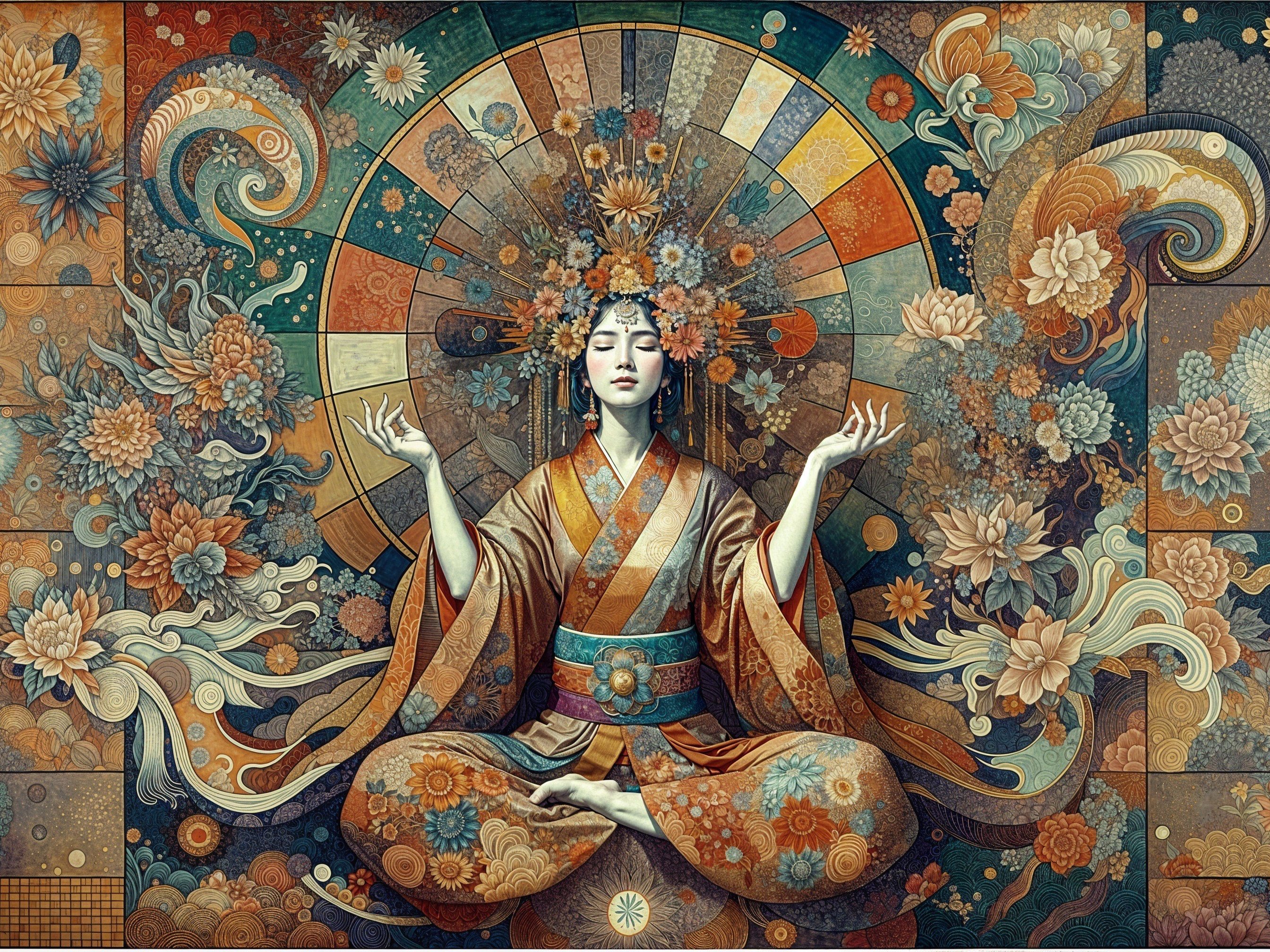 Serene Figure in Traditional Attire with Mandala Background