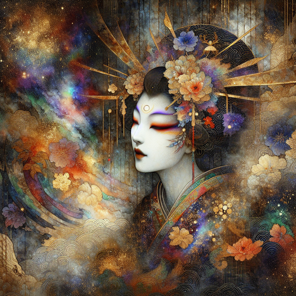 Serene Figure with Floral Headdress in Vibrant Colors