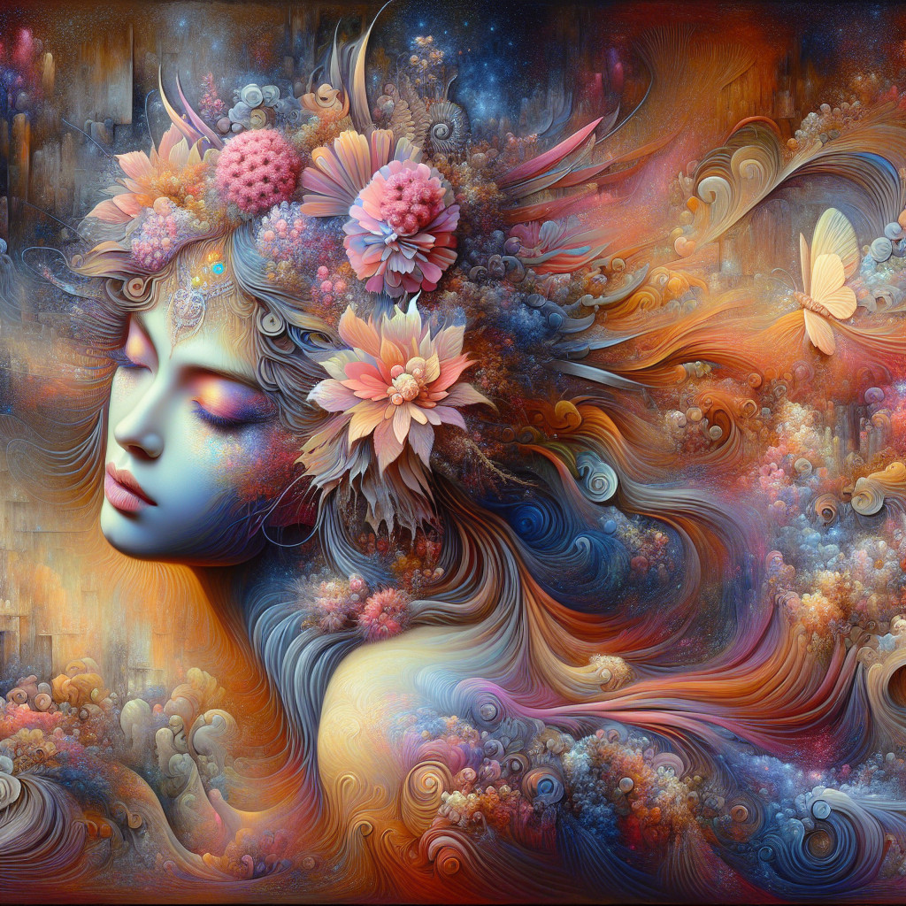 Ethereal Figure with Flowers and Dreamlike Background