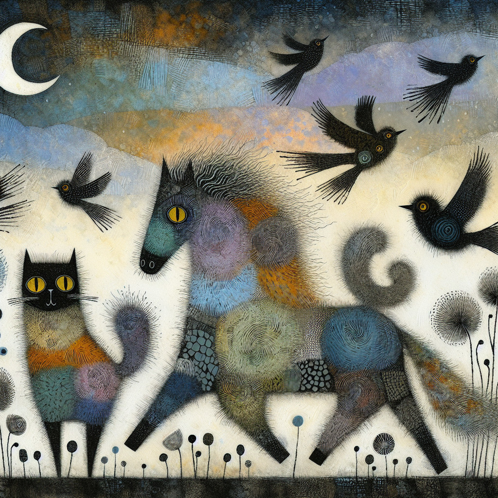 Vibrant Horse and Playful Cat in Dreamy Landscape