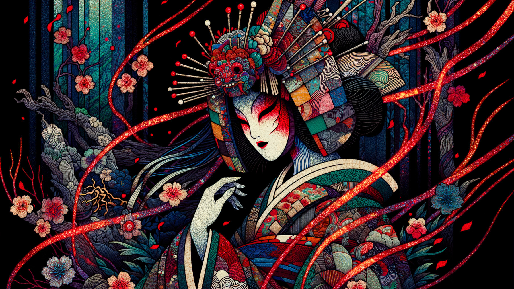 Intricate Geisha Figure with Vibrant Fabrics and Flowers