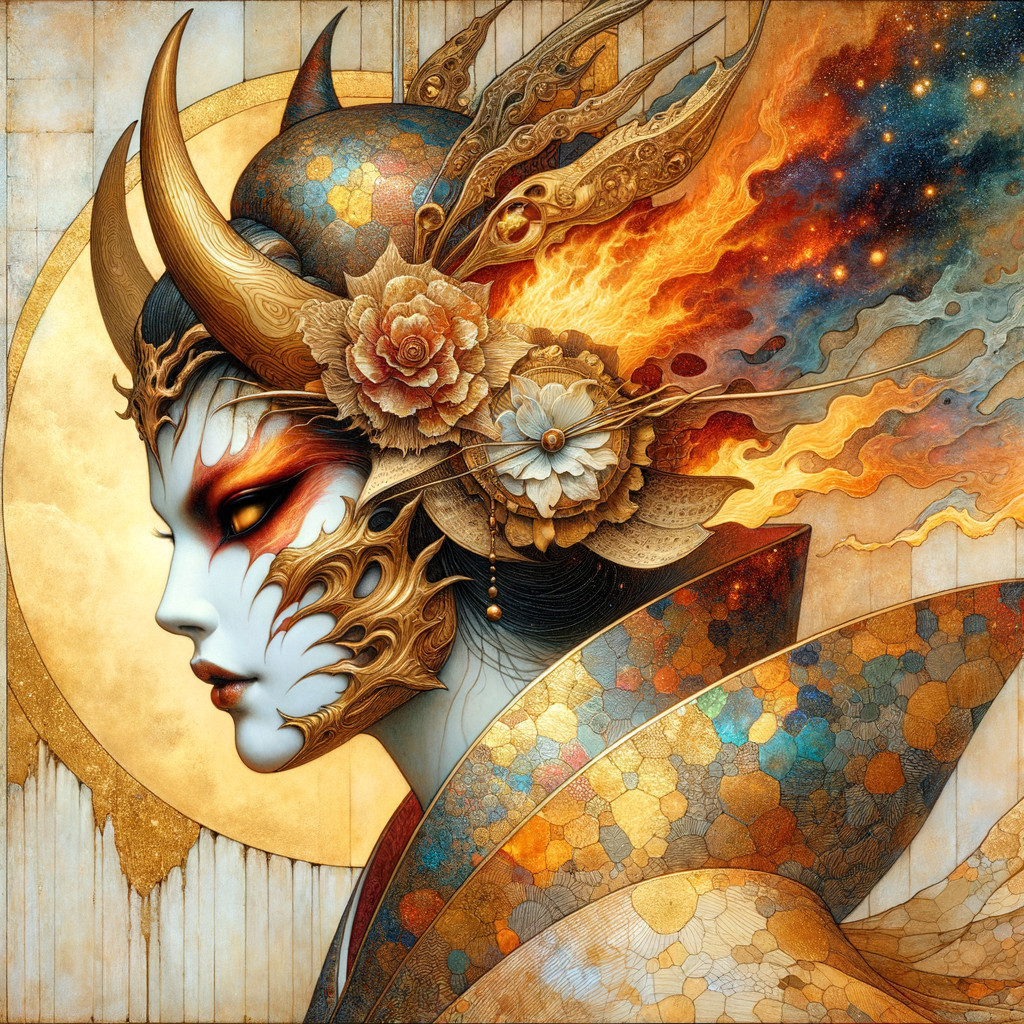 Intricately Designed Female Figure with Cosmic Elements