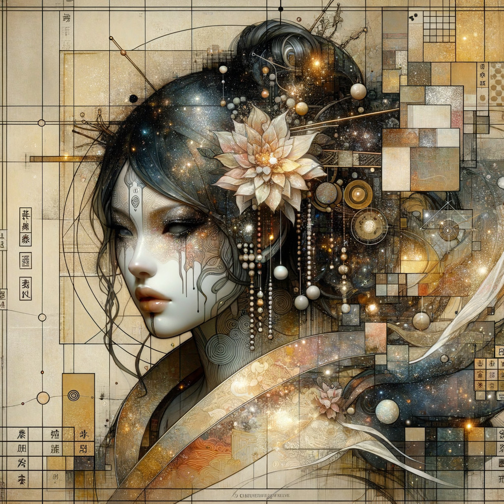 Ethereal Woman with Geometric and Celestial Background