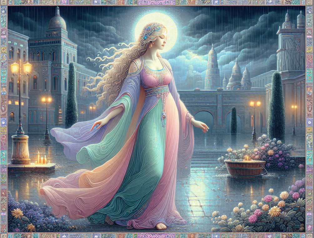 Serene Figure in Pastel Gown in Magical Cityscape