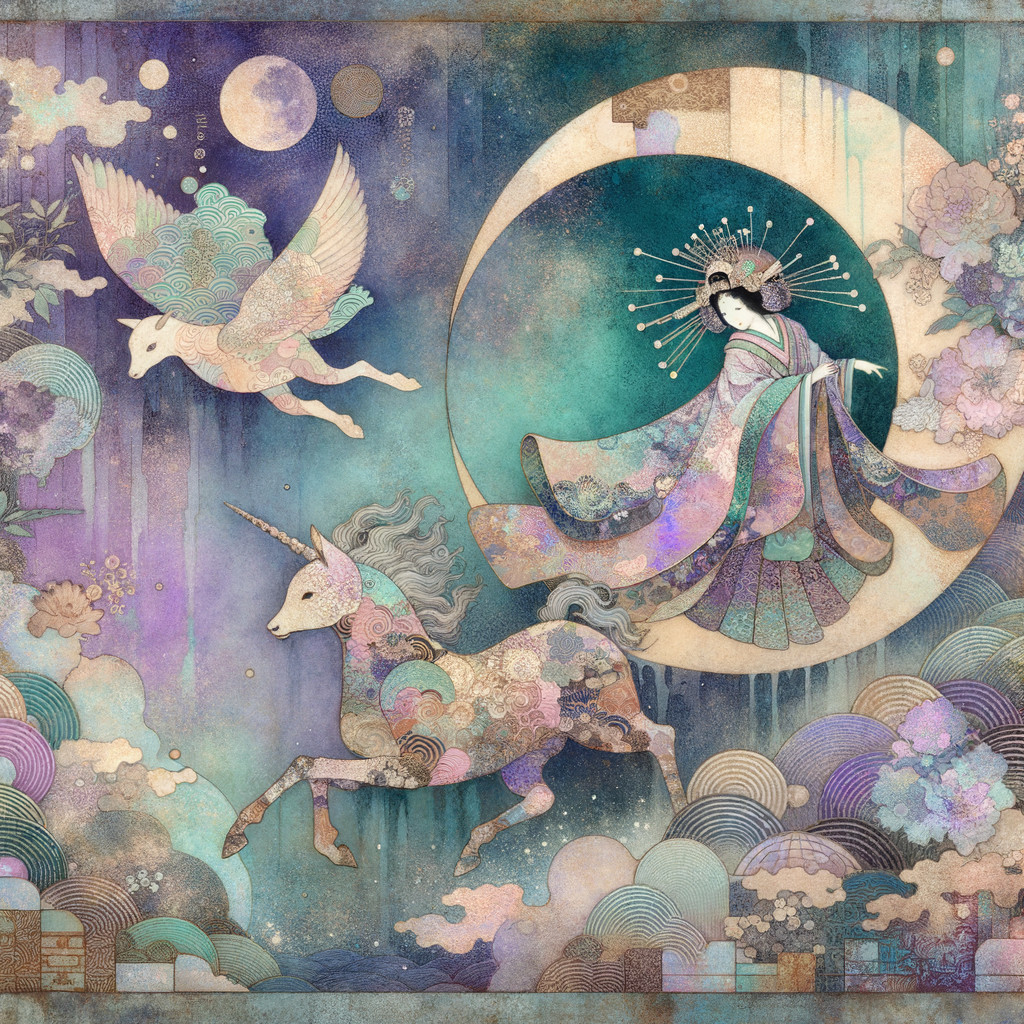 Serene figure on crescent moon with unicorn and clouds