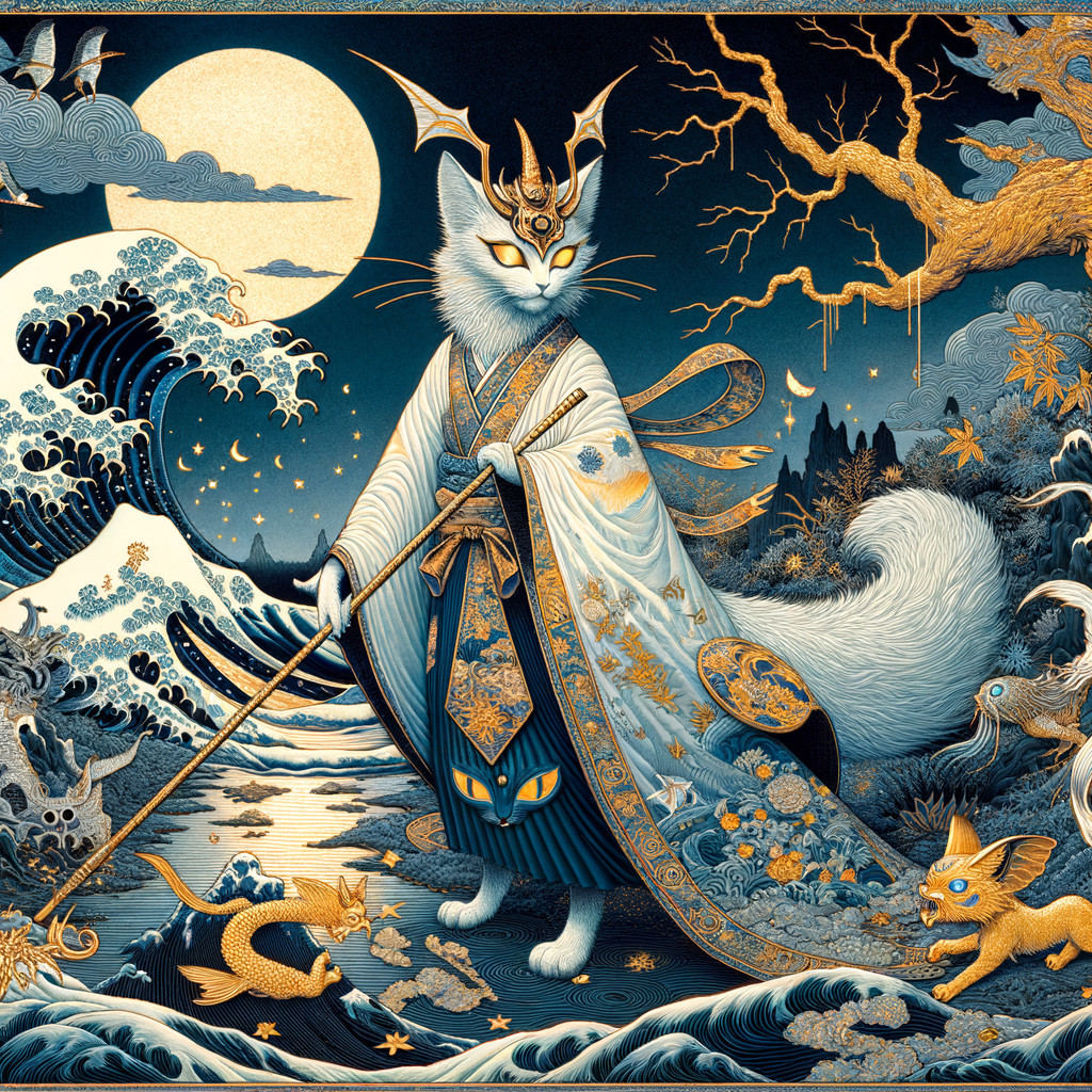 Anthropomorphic cat in ornate robes amidst vibrant landscape