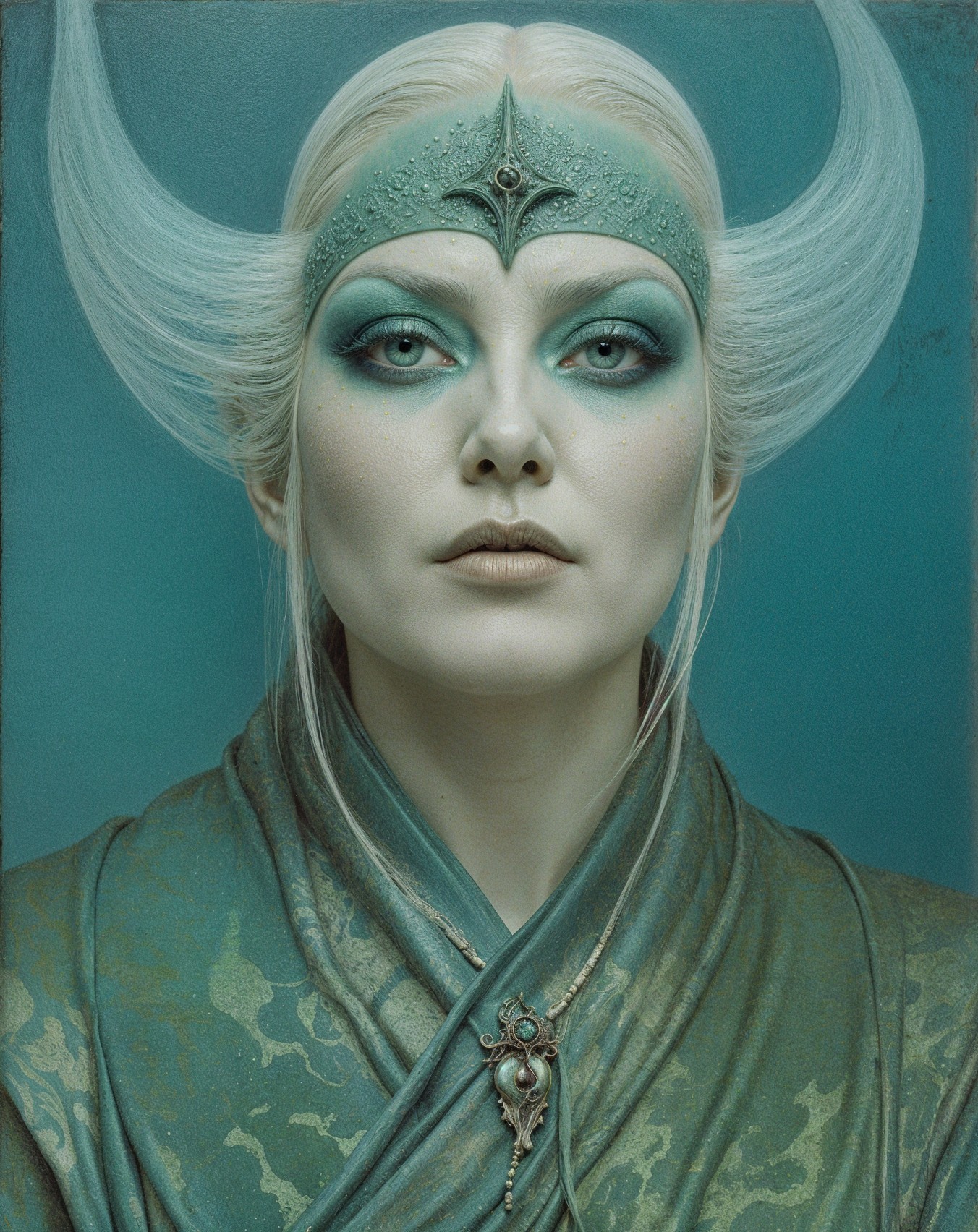 Ethereal figure with white hair and teal makeup