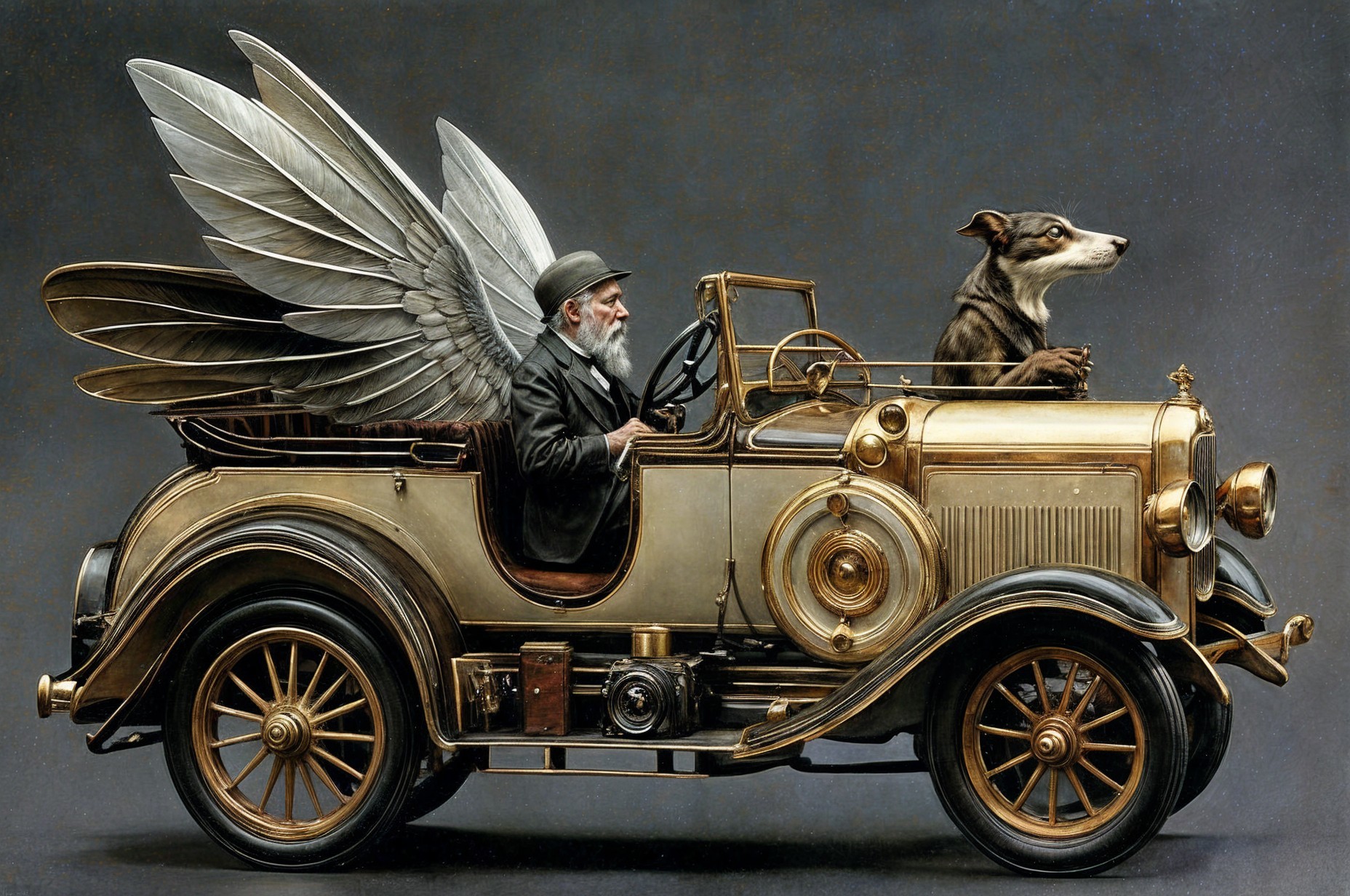 Vintage car with wings and whimsical scene elements