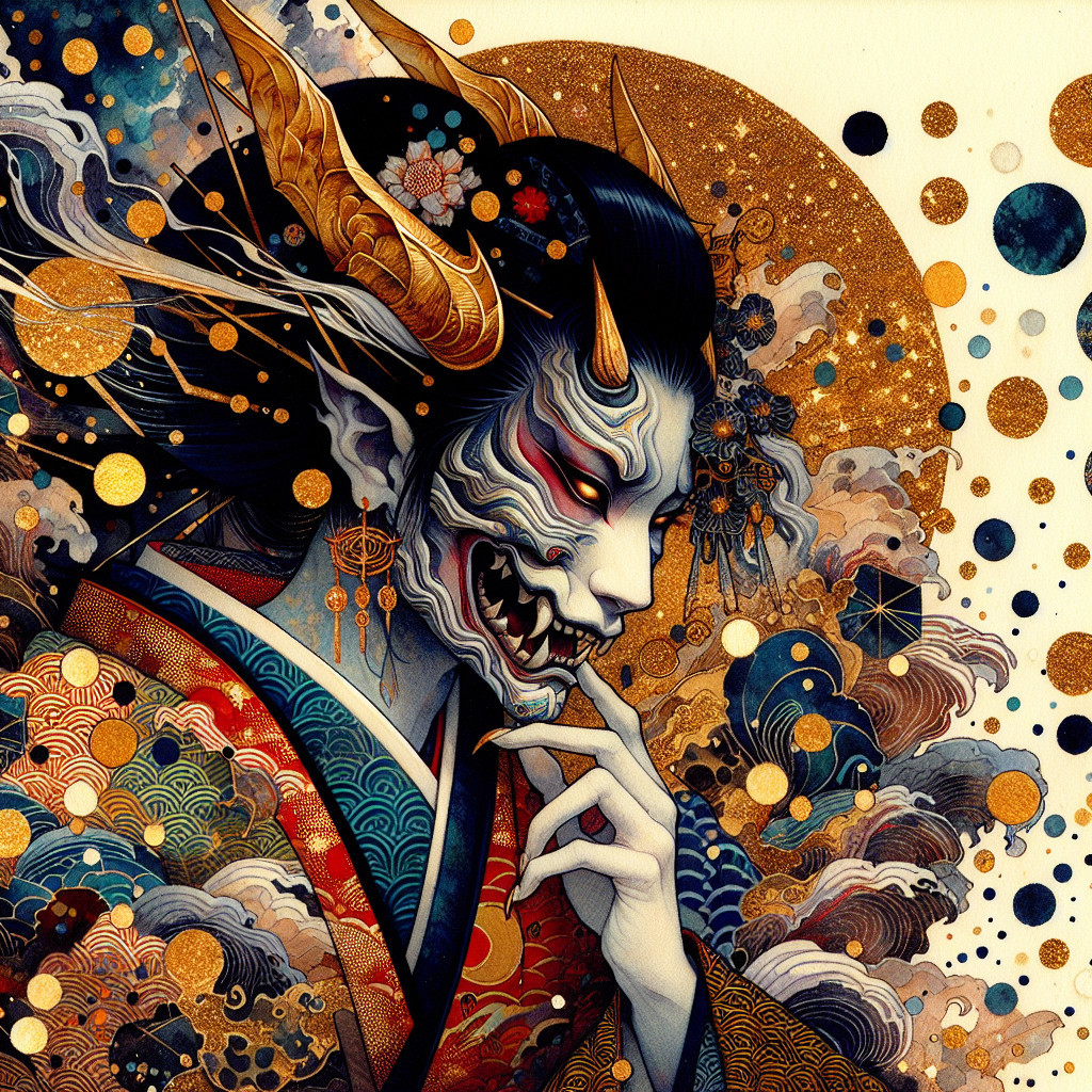 Mythical Figure in Kimono with Horns and Fangs