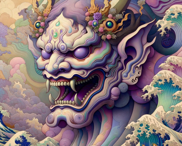 Vibrant Demon Face with Bold Colors and Patterns