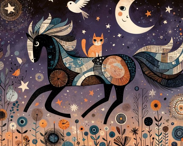 Whimsical Illustration of a Horse with Tribal Designs