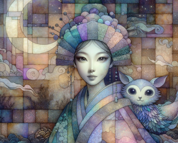 Mysterious Woman in Intricate Outfit with Owl