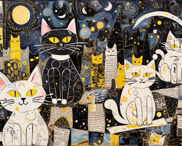 Colorful Collage of Cartoonish Cats in Starry Night