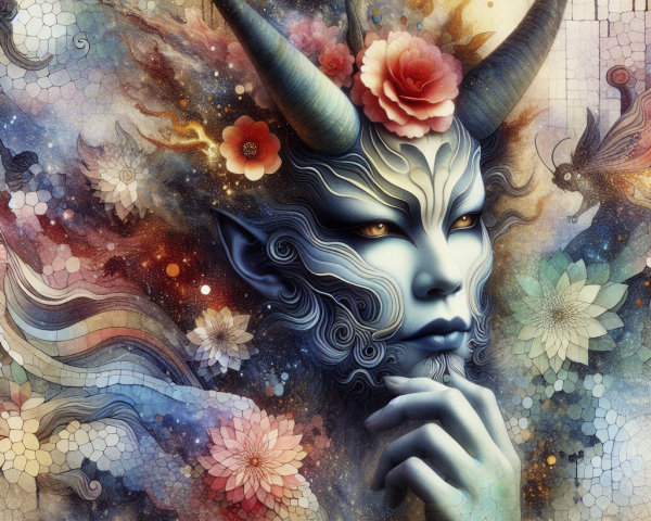 Fantastical Figure with Horns and Cosmic Background