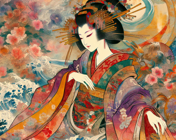 Detailed Illustration of a Geisha in Vibrant Kimono