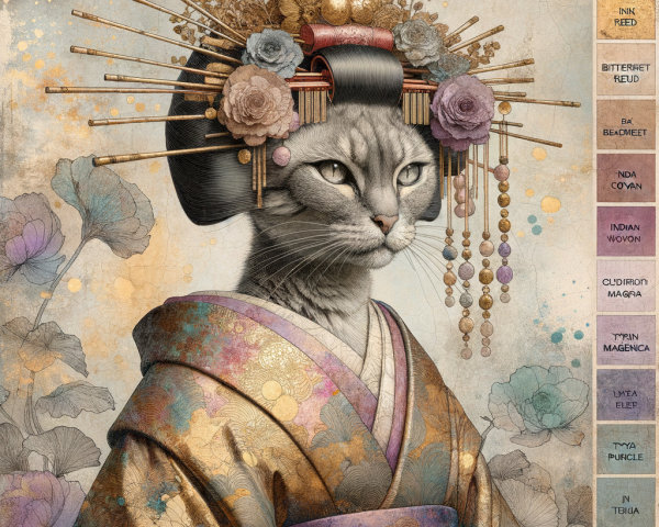Stylized Cat in Kimono with Floral Patterns and Kanzashi
