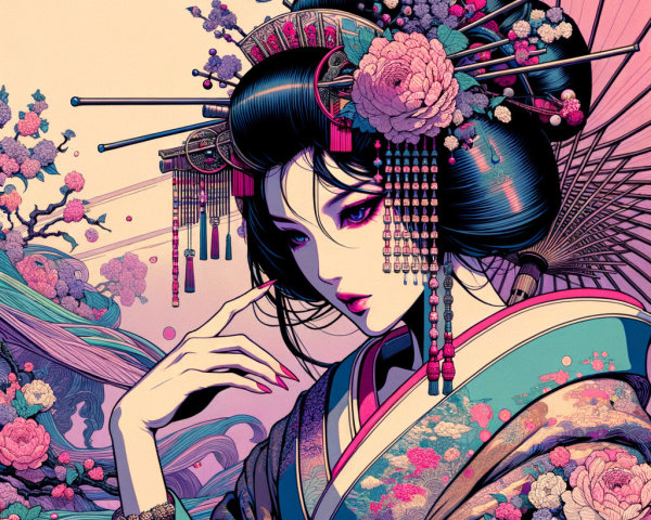 Stylized Digital Painting of a Geisha in Kimono