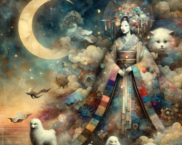 Serene figure in ornate kimono among cosmic clouds