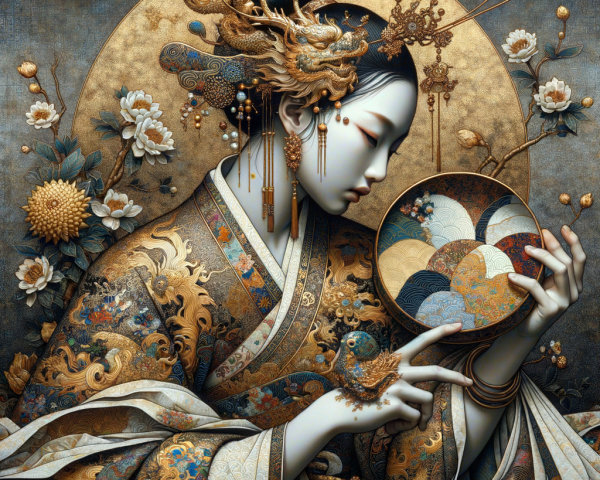 Intricate Artwork of Serene Figure in Ornate Kimono