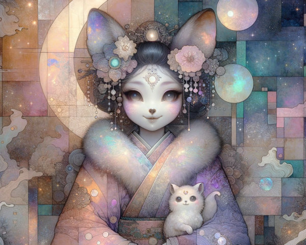Feline-like Woman in Kimono with Crescent Moon Kitten