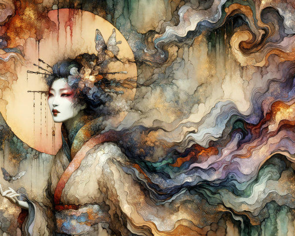 Serene figure in flowing robes with butterfly motifs