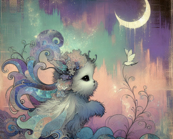 Whimsical Pastel Scene with Fluffy Creature and Bird