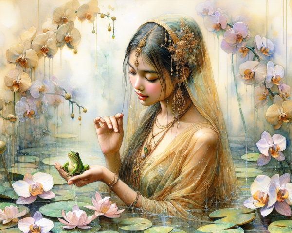 Serene Scene of a Woman in Nature with Frogs and Flowers