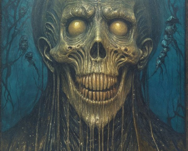 Humanoid Skull with Glowing Eyes and Eerie Grin