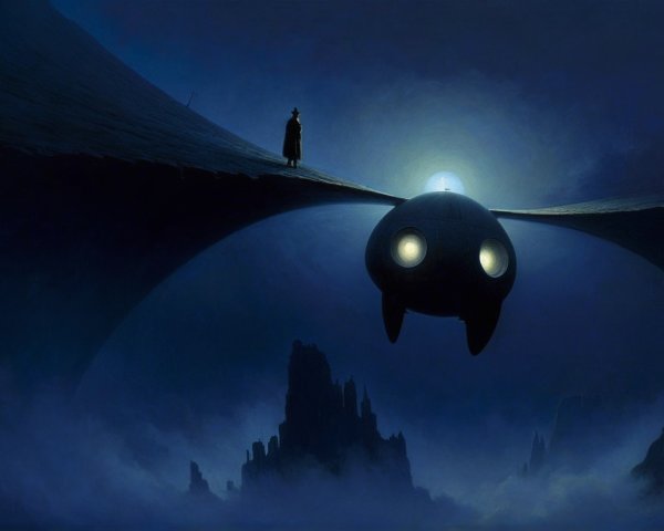 Surreal Dark Landscape with Mysterious Figure and Fog