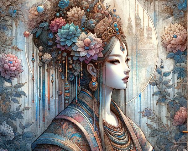 Serene Woman in Ornate Attire with Floral Headdress