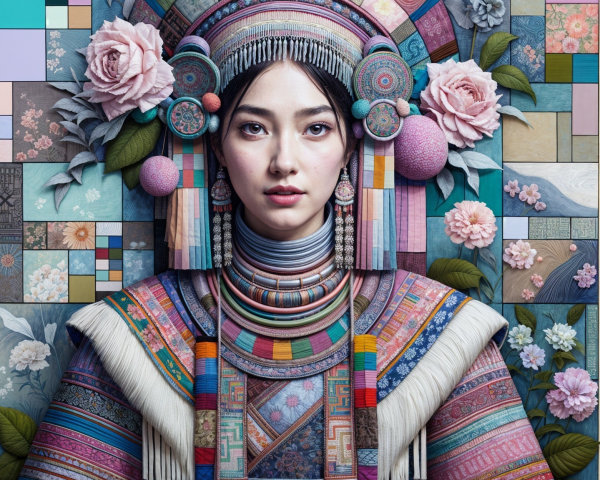 Traditional Woman in Colorful Intricate Outfit and Headdress