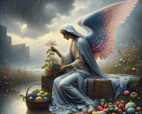 Serene angel tending flower with colorful eggs nearby