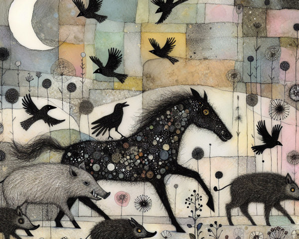 Whimsical Scene with Colorful Horse and Boars