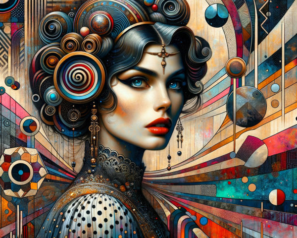 Portrait of a confident woman with patterned hair and abstract background