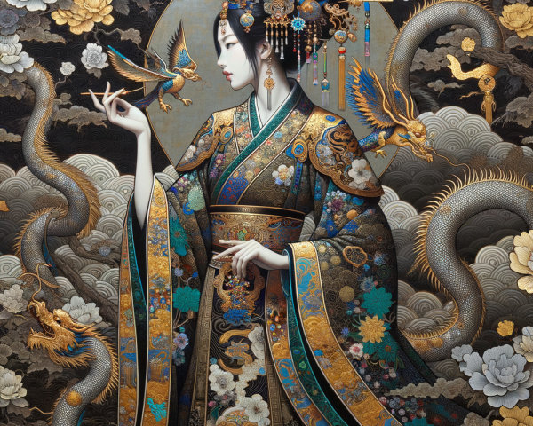 Traditional Kimono Figure with Dragons and Flowers