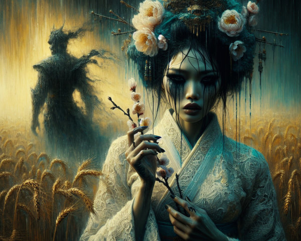 Enigmatic Figure in Wheat Field with Kimono and Shadows