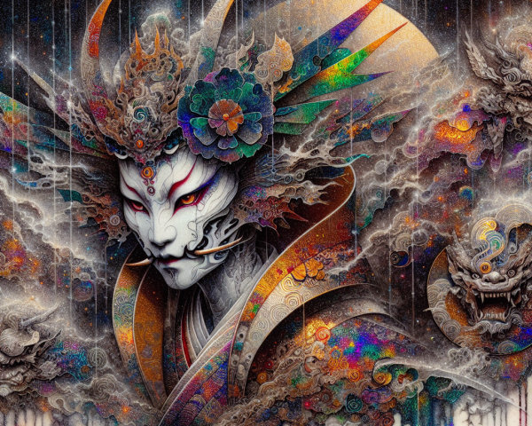 Intricate Figure with Mystic Aura and Cosmic Backdrop