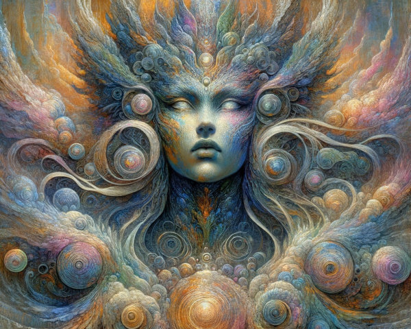 Serene Ethereal Figure with Vibrant Colors and Patterns