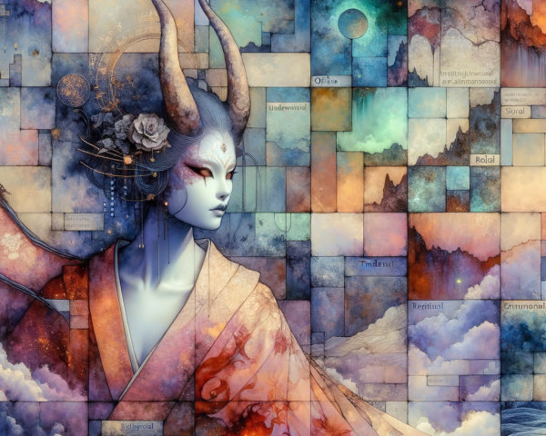 Ethereal Figure with Horns in Vibrant Mosaic Background