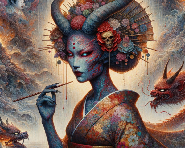 Mystical Figure in Ornate Kimono with Dragons