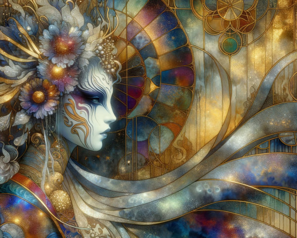 Ethereal Figure with Floral Headdress and Cosmic Background