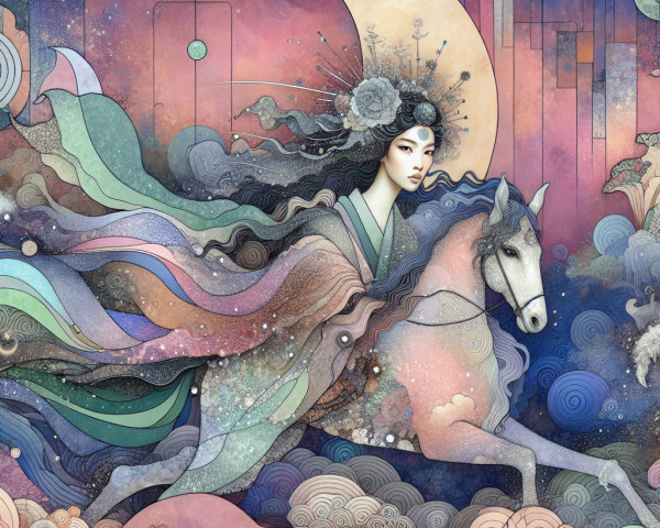 Ethereal Woman on White Horse in Mystical Landscape