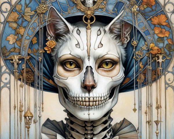 Feline Figure with Skeletal Face and Floral Patterns